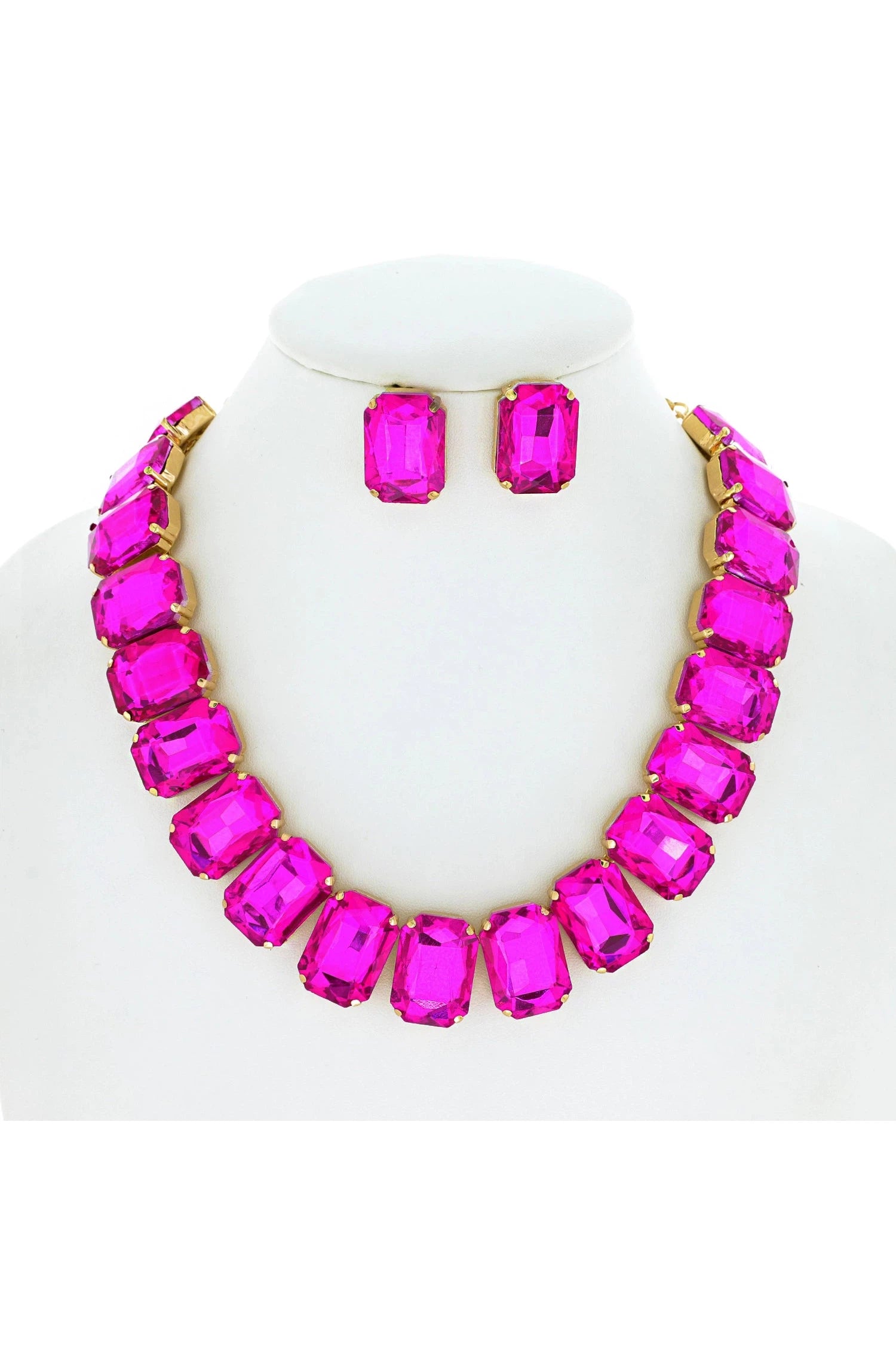 Hot Pink Glamour Crystal Octagon Cut Collar Necklace Set