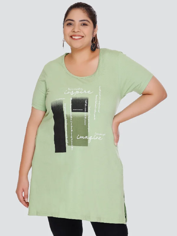 Plus Size Long Hip Covering T-shirt For Women - Half Sleeve - Green