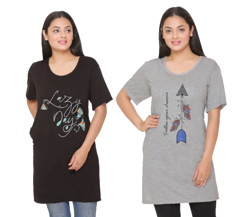 Plus Size Long Hip Covering T-shirts For Women - Half Sleeve - Pack of 2 (Grey & Black)