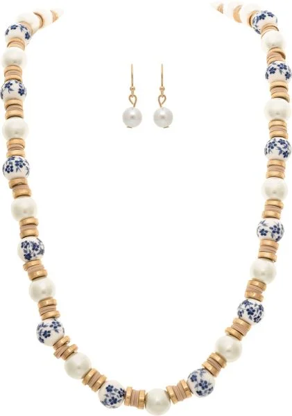 Rain Jewelry Gold With Blue & White China Bead Bauble Necklace Set