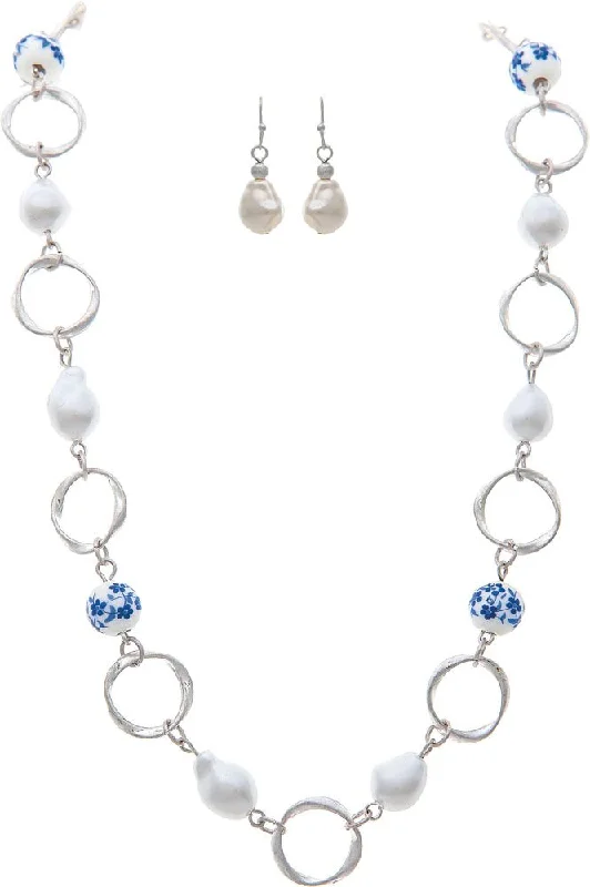 Rain Jewelry Silver Chain With Faux Pearls And Blue China Bead Necklace Set