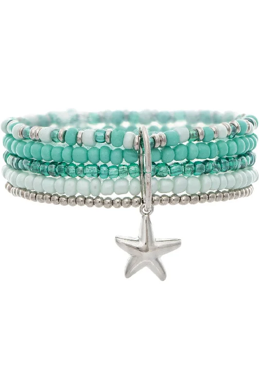 Rain Jewelry Silver Starfish Charm 5 Beaded Mint Green Bracelet Set