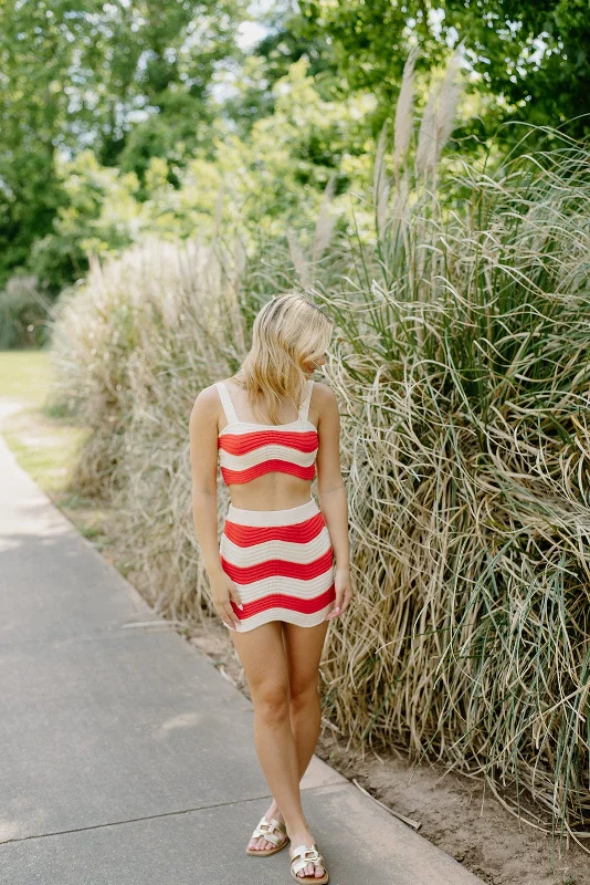 Red Crochet Striped Skirt Set