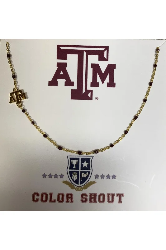 Texas A&M College Side Set On Maroon Enamel Bead Necklace