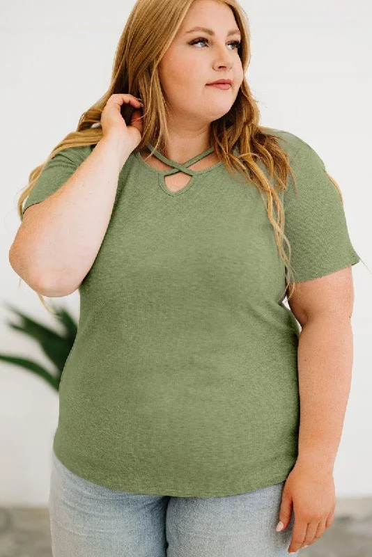 Crisscross Army Green Knit  Plus Size Shirt