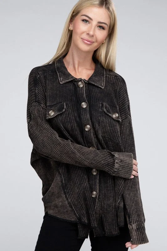 Ash Black Acid Wash Oversized Cotton Waffle Shirt