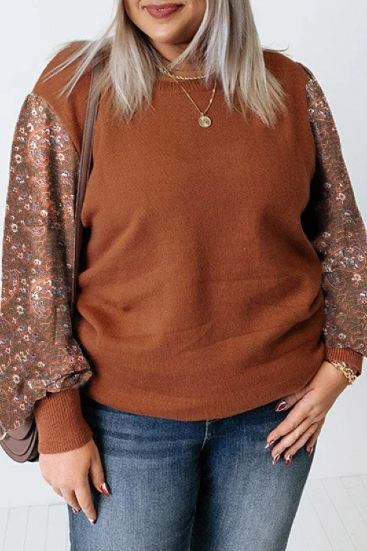 Casual Brown Floral Sleeve Plus Size Sweater