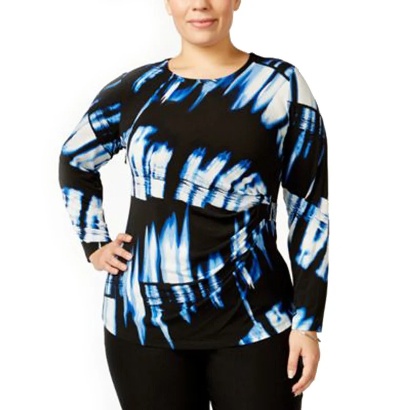 Calvin Klein Multi Color Print Long Sleeve Faux Wrap Knit Top Plus Size