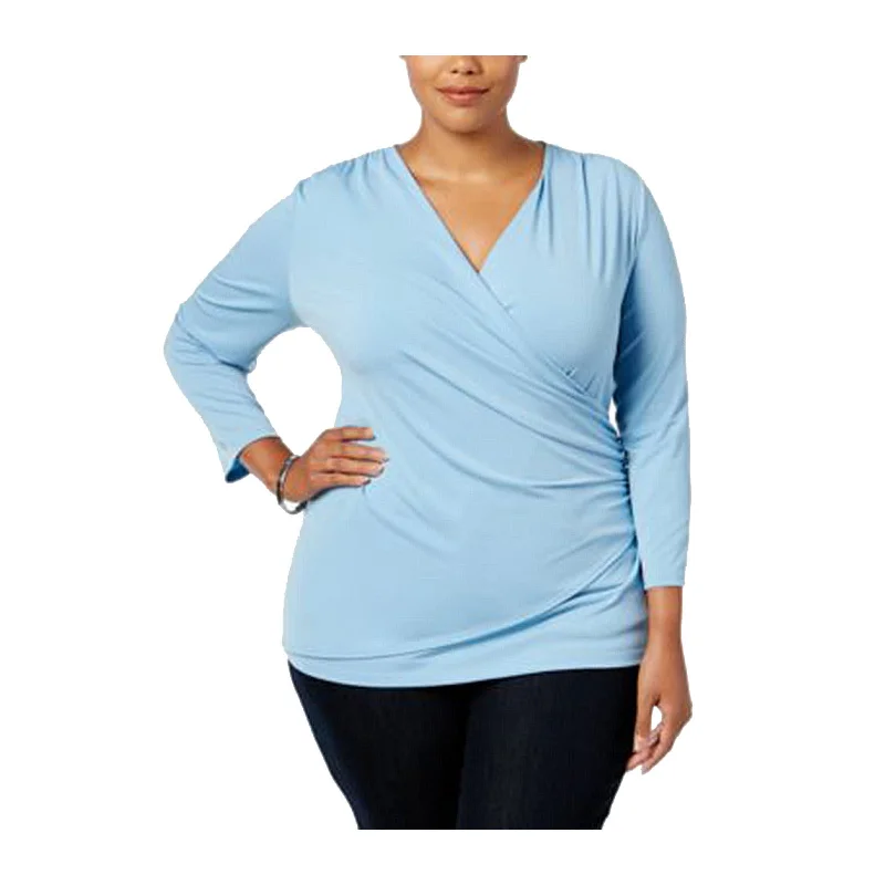 Charter Club Blue Long Sleeve Faux Wrap Knit Top Plus Size