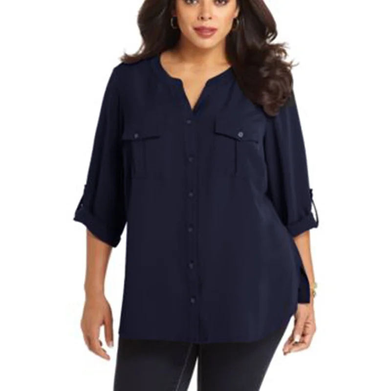 Elementz Blue 3/4 Sleeve Button Down Blouse Plus Size