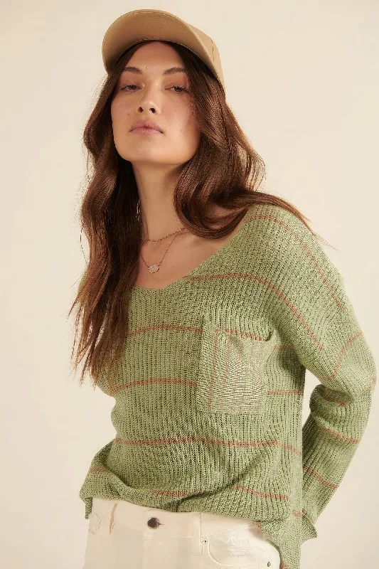 Green Striped Rib-knit Oversized Pocket Sweater