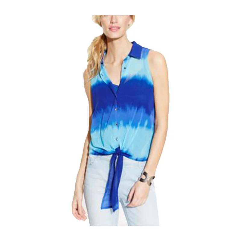 INC Blue Tie-Dye Sleeveless Layered Button Down Blouse Plus Size