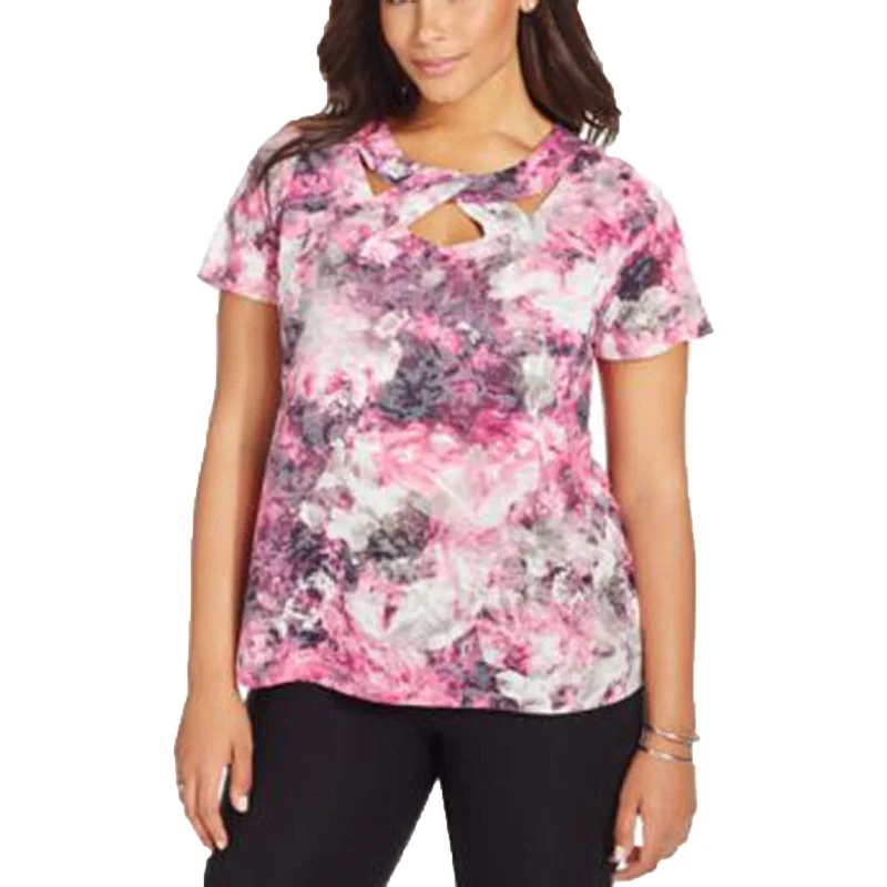 INC Multi Color Floral Print Short Sleeve Cutout Neck Knit Top Plus Size