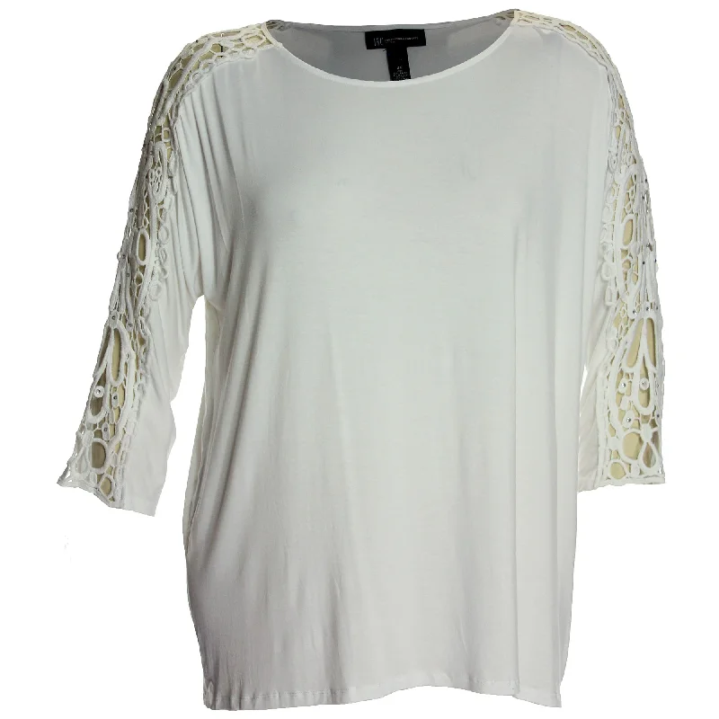 INC White 3/4 Embellished Crochet Sleeve Top Plus Size