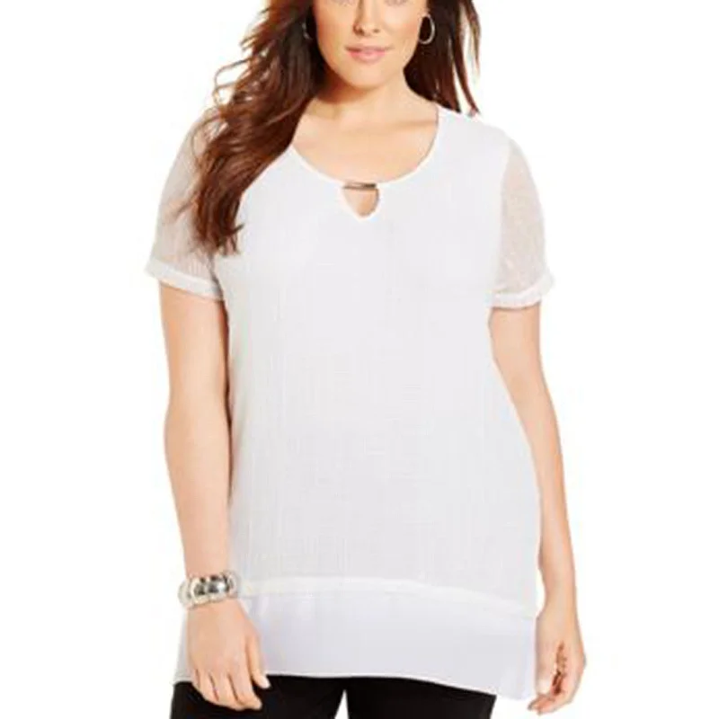 JM Collection White Short Sleeve Open Weave Keyhole Top Plus Size