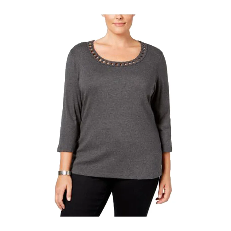 Karen Scott Gray 3/4 Sleeve Twist Front Scoop Neck Shirt Plus Size