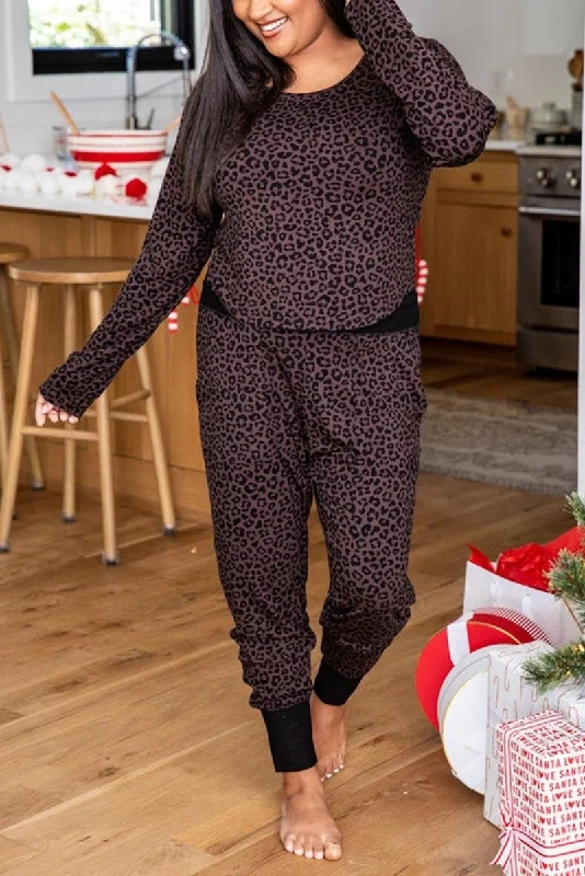 Brown Leopard Lounge Plus Size Pants Set