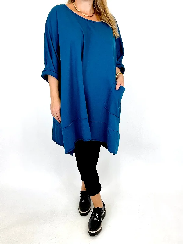 Made in Italy Lagenlook Emily Oversized Pocket Sweatshirt in Petrol Blue. 00238