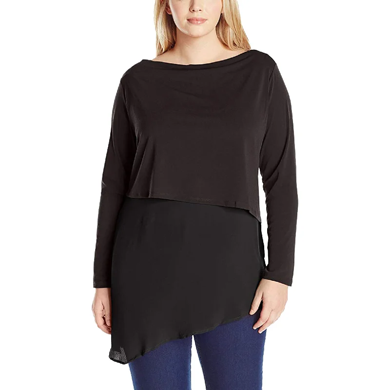 NY Collection Black Long Sleeve Layered Asymmetric Hem Blouse Plus Size