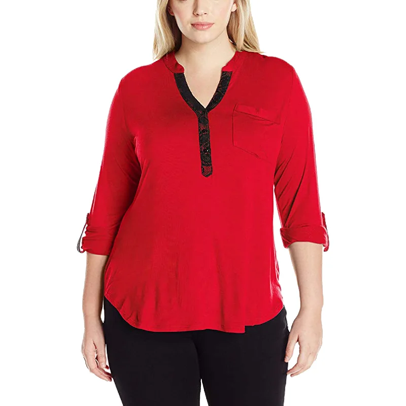 NY Collection Red 3/4 Sleeve Lace Trim High-Low Knit Top Plus Size