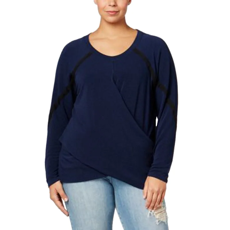 Rachel Roy Blue Long Sleeve Crossover Knit Top Plus Size