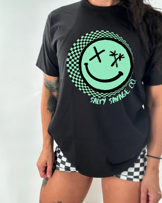 Salty Savage Ladies “Checkerboard Spiral” Oversized Boyfriend Tee | Teal