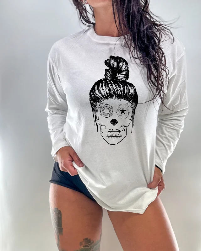 Salty Savage Ladies “Messy Bun Skull” Oversized Long Sleeve Boyfriend Tee