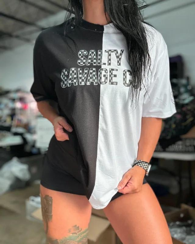 Salty Savage Unisex “Checkerboard Logo” Two Tone Oversized Tee