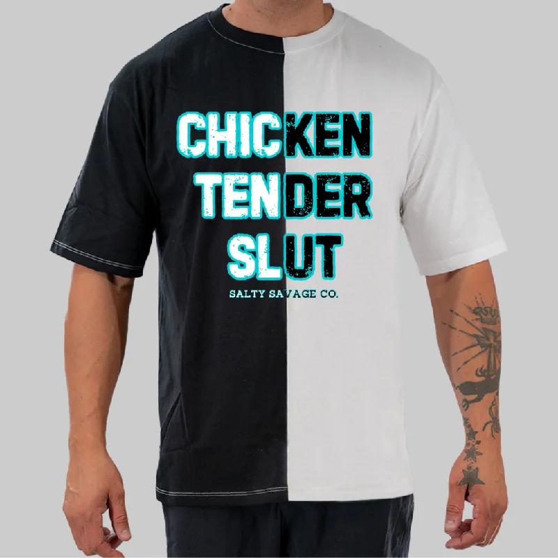 Salty Savage Unisex “CHICKEN TENDER SLUT” Two Tone Oversized Tee | Teal