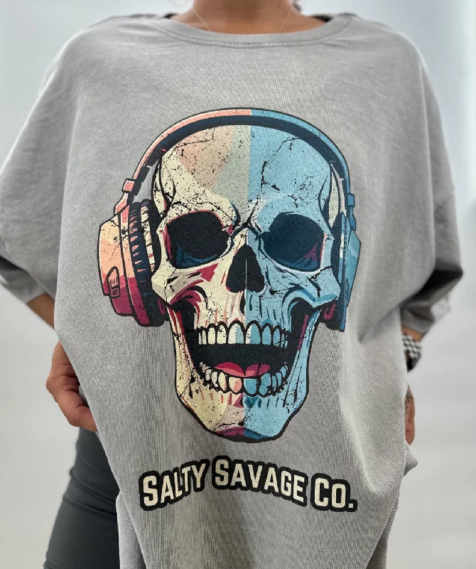 Salty Savage Unisex “Dead Beats” Oversized Tee | Mineral Washed Gray