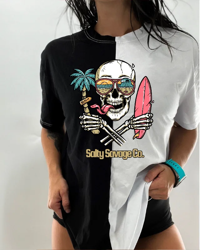 Salty Savage Unisex “Double Fisting Beach Skull” Two Tone Oversized Tee