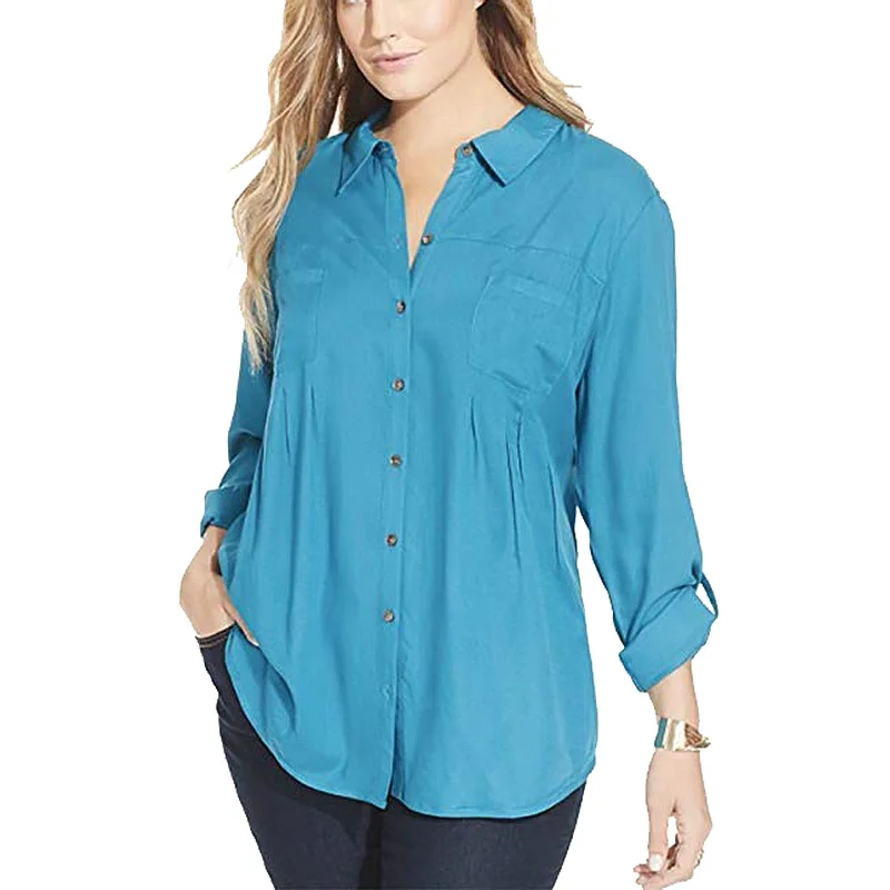 Style & Co Blue Long Tab Sleeve Button Down Shirt Plus Size