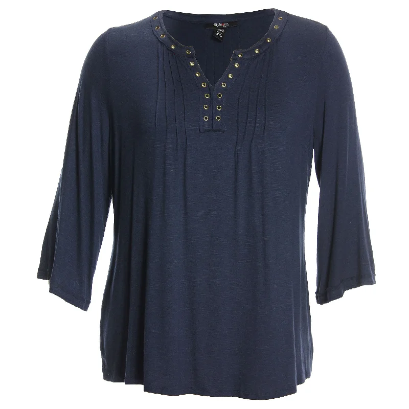 Style & Co Blue or Brown Long Bell Sleeve Grommet Embellished Knit Top Plus Size