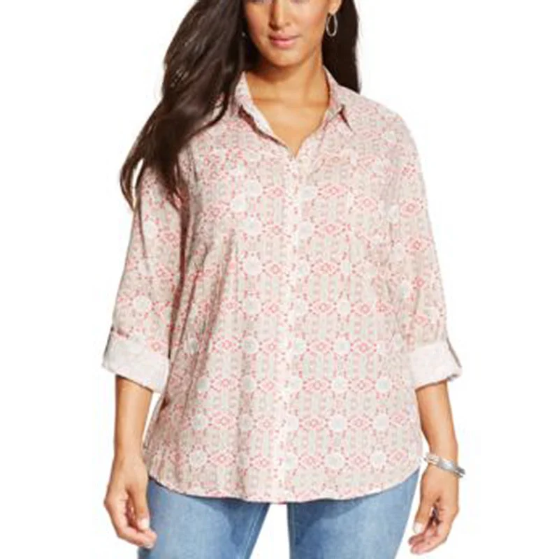 Style & Co Multi Color Dual Print Long Sleeve Button Down Shirt Plus Size