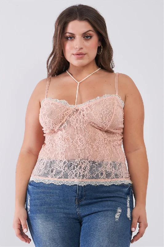 Plus Size Sleeveless Sheer Lace Halter Neck Detail Bustier Top