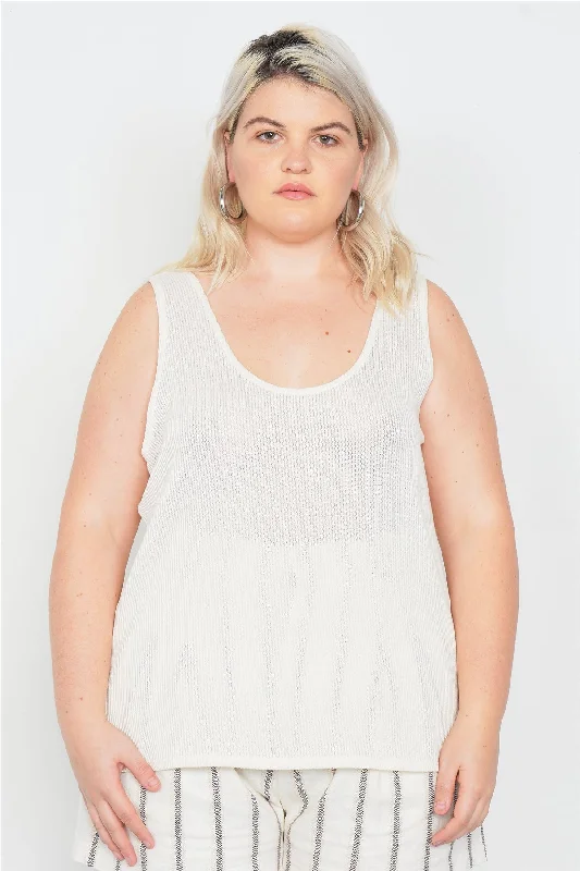 Plus Size Sheer Ivory Ribbed Causal Tank Top