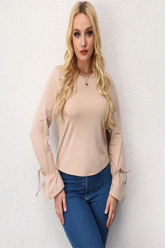 Women’s Plus Size Solid Color Crew Neck Long Sleeves Tie Bow At Cuffs Top