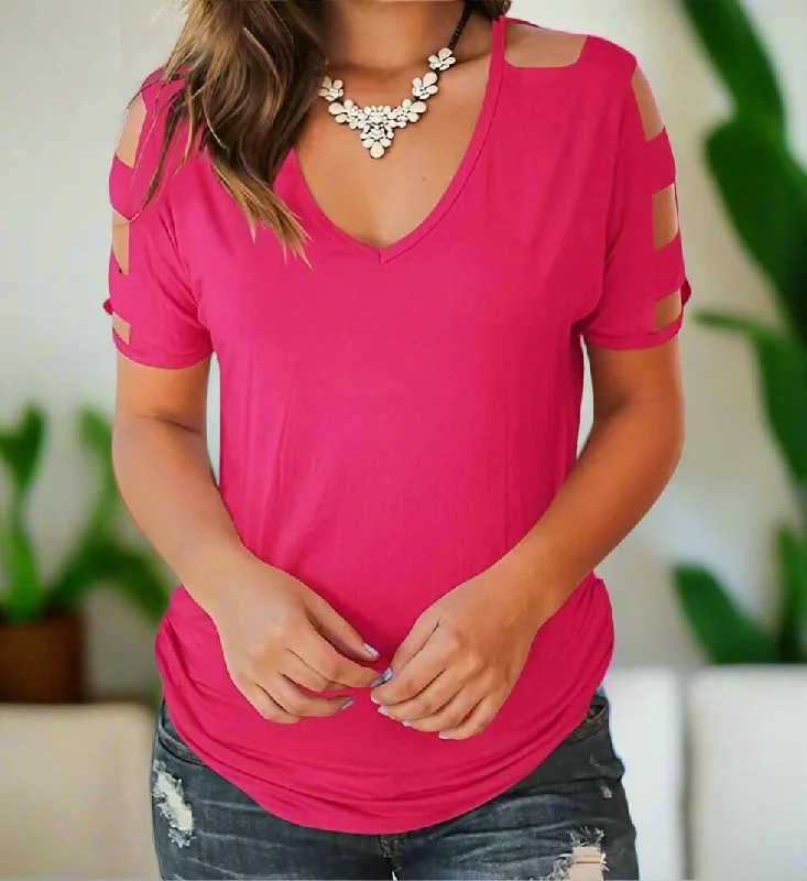 Womens Pink Cold Shoulder Shirt, Cut Out Sleeves, V-Neck Top, Plus Sizes 1xl/2xl/3xl, Fuchsia Pink