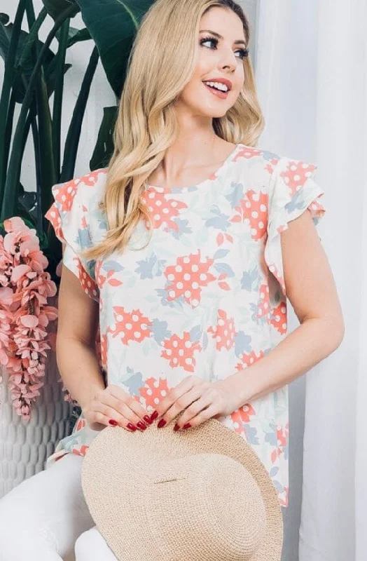 Womens Summer Cap Sleeve Floral Shirt, Plus Sizes 1xl/2xl/3xl, Coral/Blue