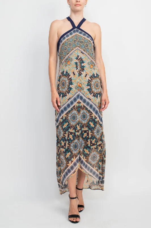 Emma & Michelle Crossed Neck Sleeveless Multi Print High Low Hem Chiffon Maxi Dress