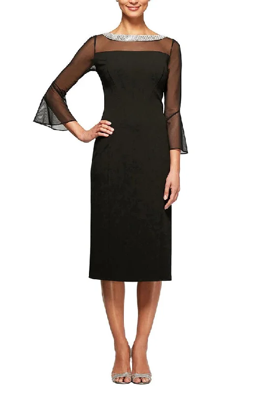 Alex Evenings embellished boat neck bell sleeve illusion sheath crepe dress