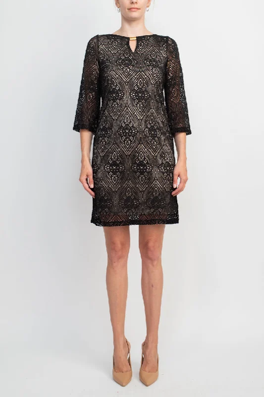 Emma & Michele Boat Neck Keyhole 3/4 Sleeve Illusion Lace Dress