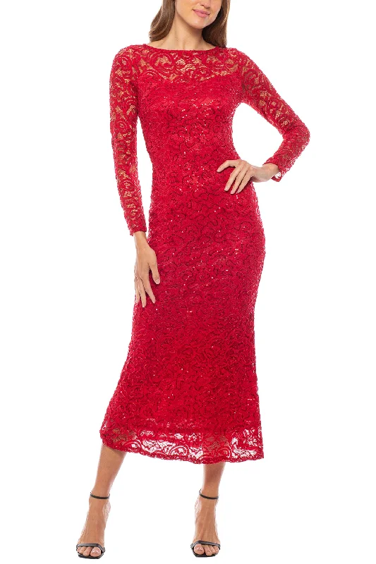 Marina Long Sleeve Illusion Boat Neck Sequin Lace Midi Dress