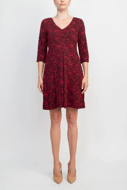 Emma & Michele V-Neck 3/4 Sleeve Embroidered Dress