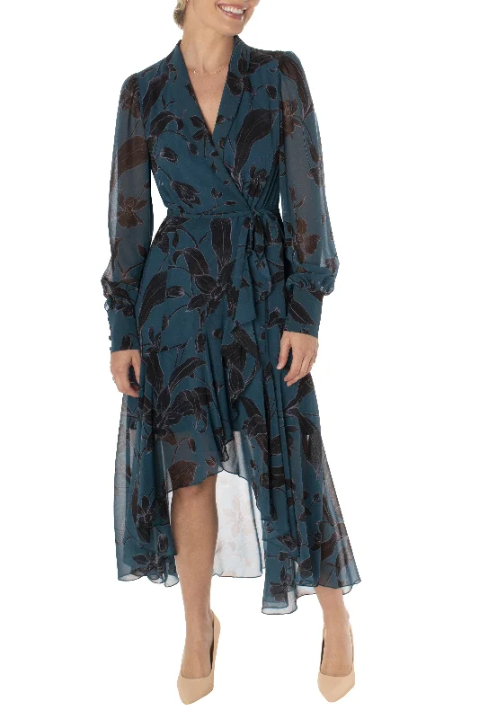 Taylor V-neck long sleeve tie waist floral burnout chiffon dress