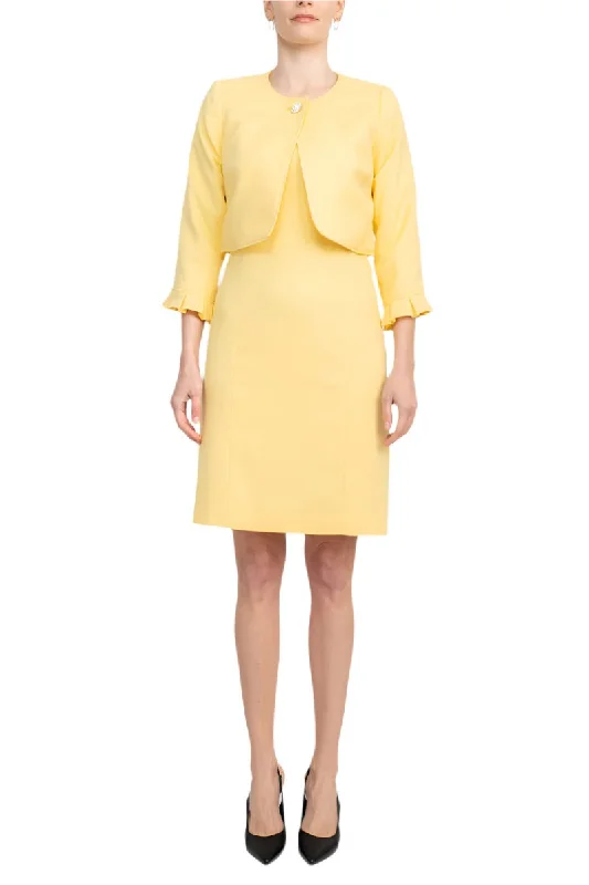 Tahari ASL Scoop Neck Sleeveless Short Dress With Matching Crew Neck 3/4 Ruffle Cuff Sleeves Jacket