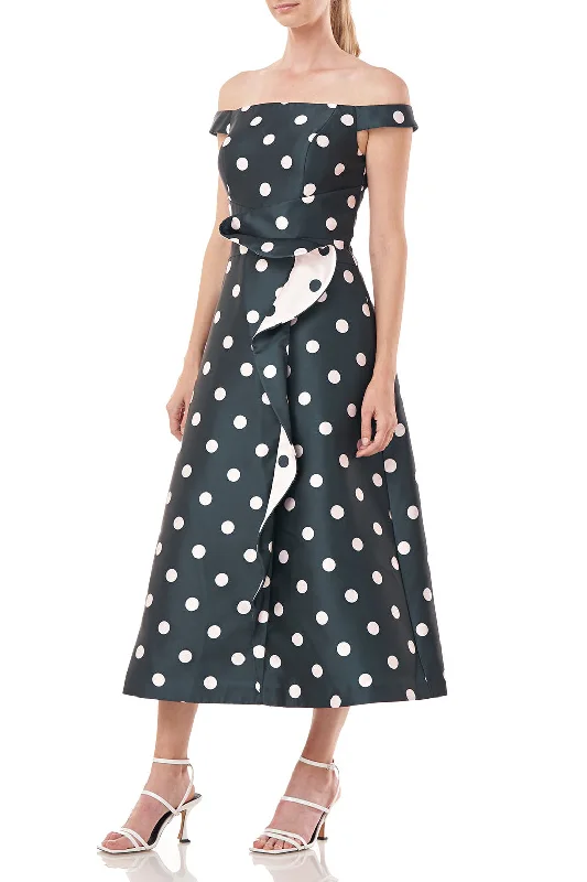 Kay Unger Off-Shoulder Zipper Back Ruffle Flared Tea Length Skirt Polka Dot Print Jacquard Dress with Pockets