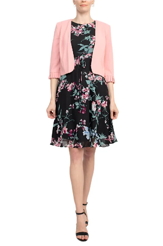 Studio One Crew Neck Sleeveless Tie Waist Floral Print Chiffon Dress with 3/4 Sleeve Textured Bolero