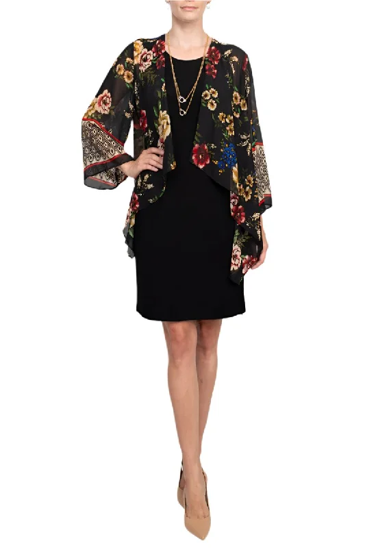 Sandra Darren crew neck sleeveless chain detail solid matte jersey dress with attached multi print chiffon jacket