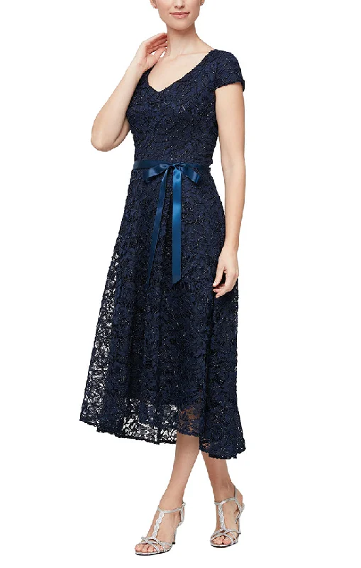 Alex Evenings V-Neck Cap Sleeve Tie Waist A-Line Lace Dress